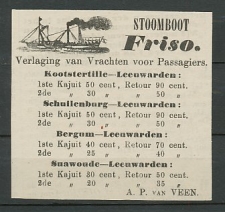 Advertentie 1870 Stoomboot o.a. Bergum - Leeuwarden