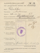 Aanmeldingskaart Gerepatrieerde inwoners Den Haag 1945